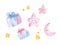 Set of cute watercolor illustrations. Pink cartoon stars, moon gifts.