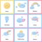 Set cute weather for kids. Sunny, cloudy, rainbow, rainy, snowy, stormy, hurricane. Flash card for learning with