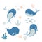 Set of cute whales and ocean elements in boho scandinavian style. Childish simple print, stickers. Baby nursery clip art