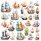 Set of cute whimsical cartoon ships, isolated on white. Watercolor digital illustration