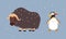 Set of cute wild polar animals. Musk ox and penguin mammal and bird vector illustration