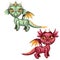 Set of cute winged dragons red and green color isolated on white background. Vector cartoon close-up illustration.