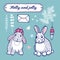 Set of cute winter and christmas drawings, bunnies, tree branches, stars