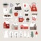 Set of cute winter, Christmas food, drink and landscape icons. Cup of coffee, fruit, Christmas pudding, desserts