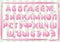 Set of Cyrillic uppercase letters resembling pink blobs, a complete alphabet, on a decorative striped background with colored