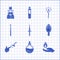 Set Dagger, Bottle with love potion, Hand holding fire, Magic hand mirror, Spell, wand, staff and Magician icon. Vector