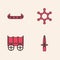 Set Dagger, Kayak or canoe and paddle, Hexagram sheriff and Wild west covered wagon icon. Vector