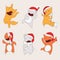 Set with dancing animals in christmas hoods. Wild animals hand drawn with closed eyes in cute poses drawn with bright colors