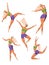 Set of dancing girl poses. Female character in different choreographic positions in sportswear. Colorful vector