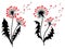 Set of dandelions with hearts. Collection of dandelion silhouettes with flying seeds. Black white vector illustration of