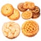 Set of danish butter cookies macro cutout. Five whole pretzel, round and rectangular shortbread biscuits with sugar isolated