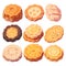 Set of danish butter cookies macro cutout. Five whole pretzel, round and rectangular shortbread biscuits with sugar isolated