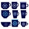 Set of dark blue cups with winter decor, simple light snowflakes on mugs with a hot drink in flat style