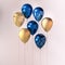 Set of dark blue and golden glossy balloons on the stick with sparkles on white background. 3D render for birthday, party, wedding