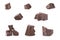 Set of dark broken chocolate pieces isolated on white background,close up