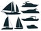 Set of dark silhouette sailing and motor yacht floating flat vector illustration