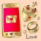 Set for the day of all lovers. gold, jewels, diamonds, gold, ring, golden phone, golden robot, robot heart, golden crown