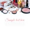 Set of decorative cosmetic: powder, lipsticks, brush, blush, eyeshadow, nail polish on a white background