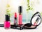 Set of decorative cosmetics on table background