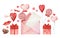 Set of decorative elements. Symbols of Valentine`s Day: hearts, valentines, sweets, love. Set of stickers for