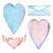 Set of decorative elements. Theme of Valentine`s Day. Envelopes, hearts, bows. Background frame for text. Pink blue