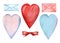 Set of decorative elements. Theme of Valentine`s Day. Envelopes, hearts, bows. Red, pink, blue. Scrapbooking pictures