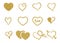 Set of decorative gold glitter texture hearts on white background