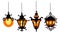 A set of decorative hanging street lights. Black garden lamps in different styles of Art Nouveau, classic, minimalism