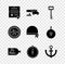 Set Decree, parchment, scroll, Cannon with cannonballs, Pirate key, Bottle ship inside, Compass, Anchor, coin and