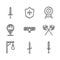 Set Decree, parchment, scroll, Dagger, Medieval sword, Crossed medieval axes, Gallows, Location king crown, Target with