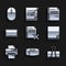 Set Delete file document, Scotch, Binder clip, File, Printer, Laptop, and Computer mouse icon. Vector