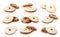 Set with delicious bagels with cream cheese on white background