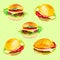 Set of delicious fresh burgers. Watercolor illustration isolated on green background.Seamless pattern