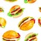 Set of delicious fresh burgers. Watercolor illustration isolated on white background.Seamless pattern