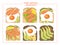 Set of delicious fresh sandwiches with toast bread consisting of a fried egg, salmon, avocado, lemon, cheese and sesame
