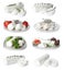 Set with delicious goat cheese on white background