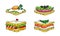 Set of delicious juicy sandwiches filled with vegetables, cheese, egg, fish, cream cheese, meat, bacon.