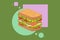 Set of delicious juicy sandwiches filled with vegetables, cheese, meat, bacon. Vector illustration in flat cartoon style