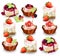 Set of delicious sweets and desserts with fruits. Summer confectionery bakery treats Vector illustration