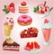 Set of delicious sweets and desserts with strawberry flavors