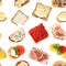 Set of delicious toasted bread with toppings on white background, top view