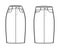 Set of Denim pencil skirts technical fashion illustration with knee length, low high normal waist rise, 5 pockets. Flat