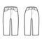 Set of Denim short pants technical fashion illustration with knee length, normal low waist, high rise, angled 5 pockets