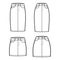 Set of Denim skirts technical fashion illustration with mini, knee length, low high waist rise, 5 pockets, fitted body.
