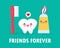 Set of dental care cute cartoon Tooth, toothpaste and toothbrush. Funny characters poster background vector illustration in flat