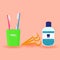 Set of dental cleaning tools. Toothbrushes, toothpaste, mouthwash and dental floss isolated on pink background. Flat style vector