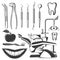 Set of dental monochrome icons, design elements on white background. Dental tools and dental care tools care.