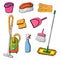 Set of design elements for cleaning colorful. Hand drawing. Vector illustration. Cartoon style.