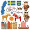 Set with design elements of symbols of Sweden and map