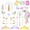 Set of design elements for a unicorn with closed eyes and a wreath of flowers with sparkles